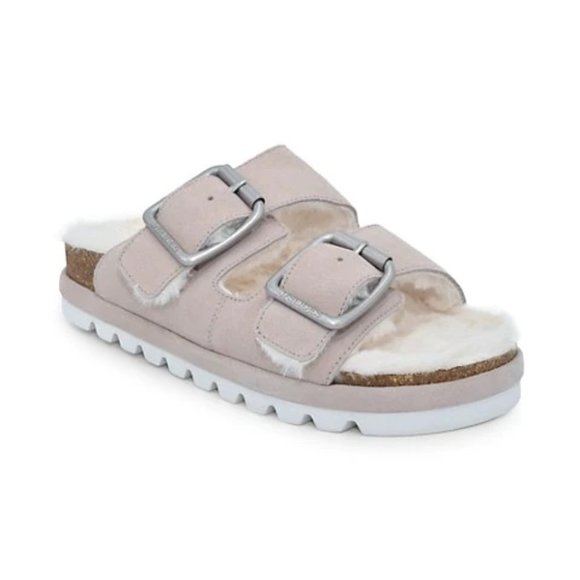 J Slide Shoes - Blush Faux Fur-Lined Suede Slides from J/SLIDES